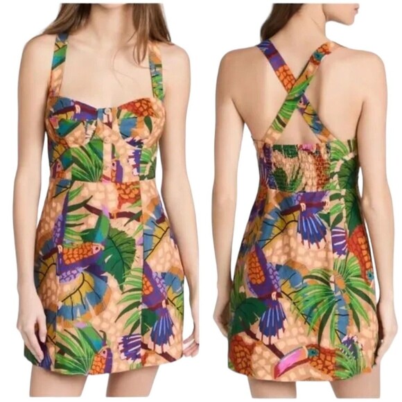 House of Harlow 1960 Mini Dress Womens Large Linen Blend Toucans‎ Lined NWT - Picture 1 of 13